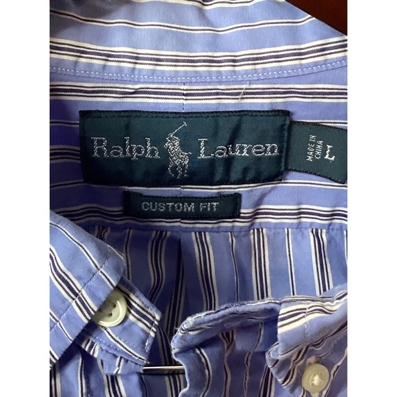 Ralph Lauren Custom Fit Mens Blue Striped Short Sleeve Button Down Shirt Size L - Picture 6 of 9